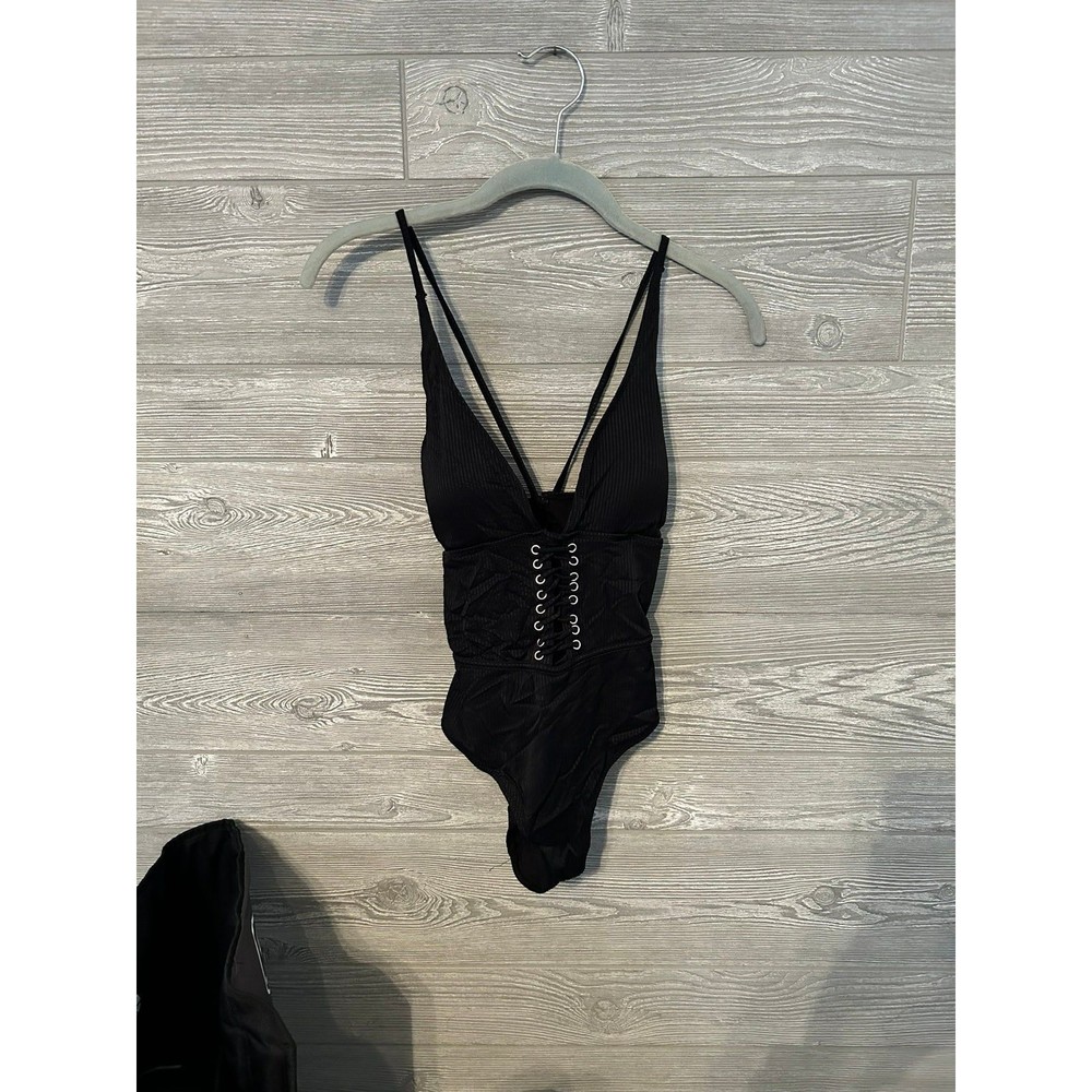 TINIBIKINI Black Ribbed Lace Up Plunge One Piece Swimsuit Women's S